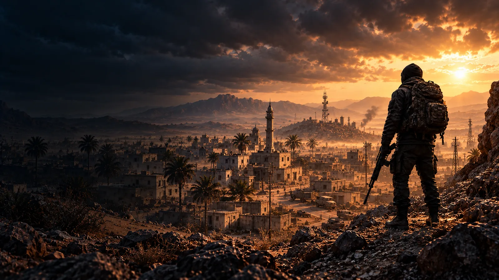 Survivor overlooking a desert city at sunset