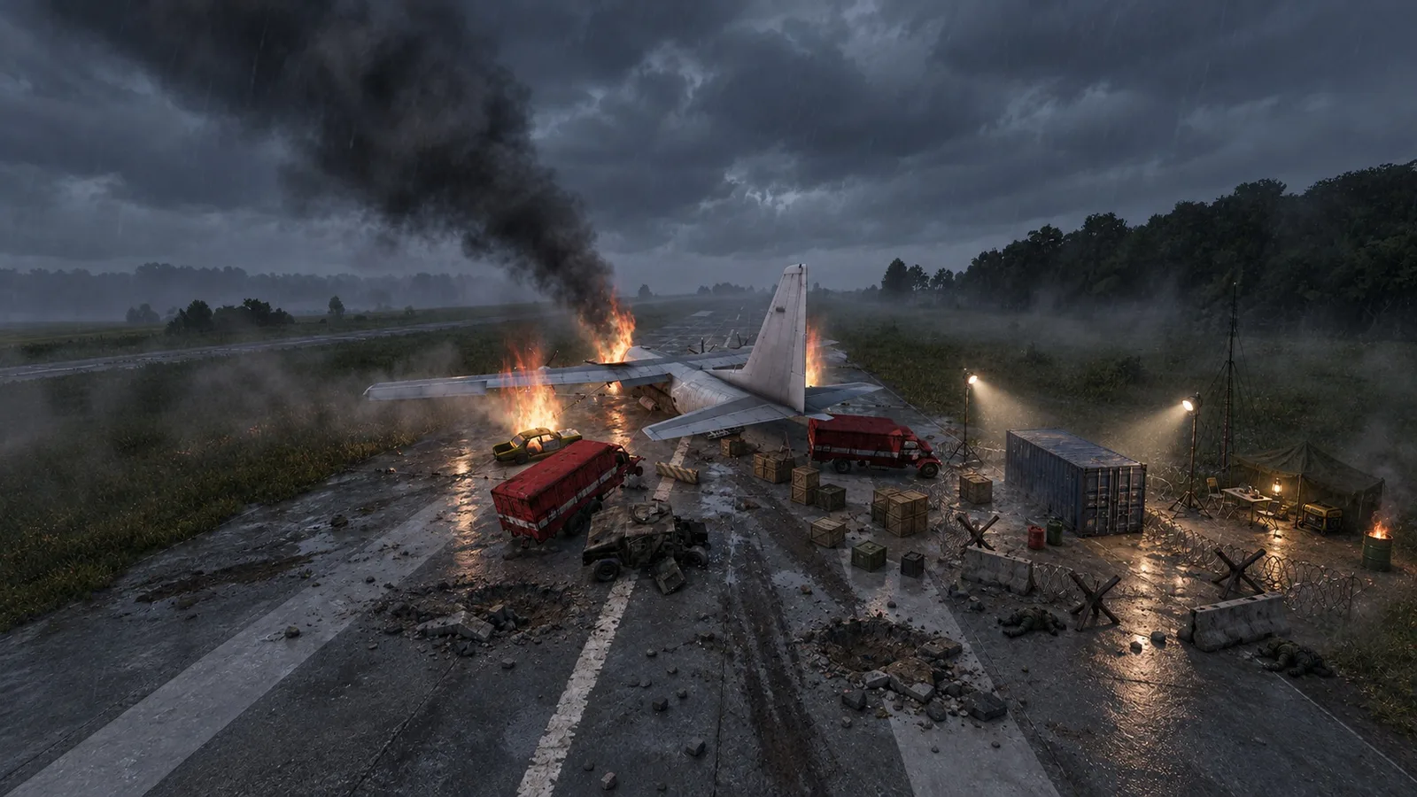 Cargo plane crash scene with military containers